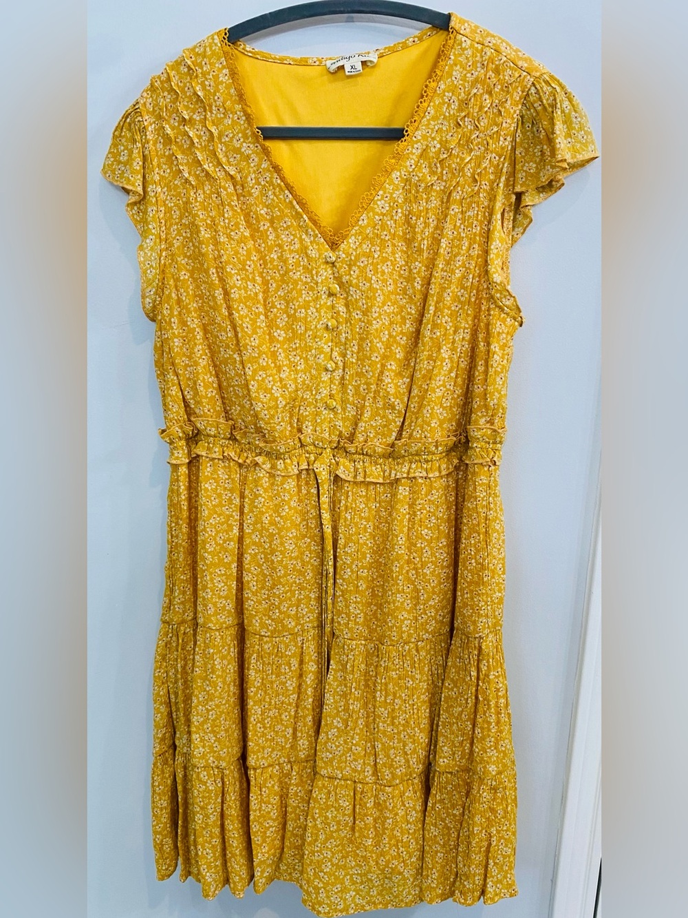 Women's Yellow Floral Midi Dress with Tie Waist